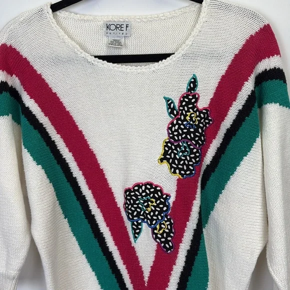 ✨ Vintage Petite Koret Knit Sweater Top/Floral Appliqué/Retro 80s 90s/sz PMedium - Picture 3 of 8